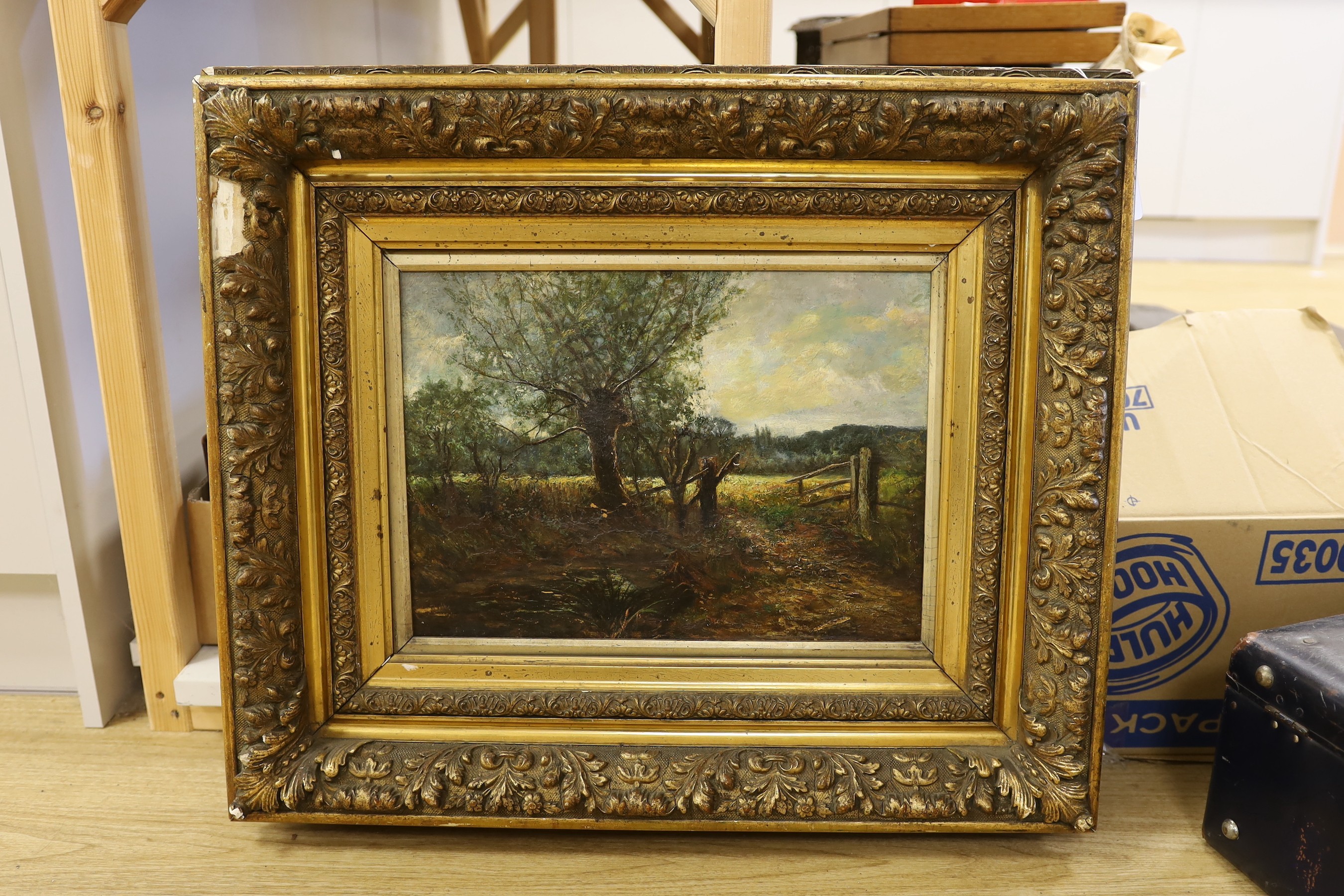 English School, early 20th century, oil on canvas, woodland scene, in gilt frame, 30 x 41cm